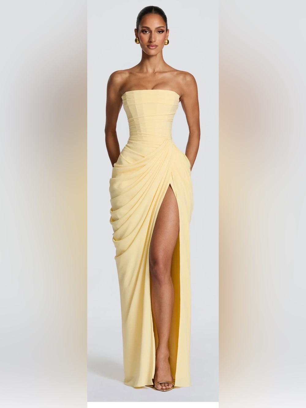 Cyra Maxi Dress - Lemon Strapless Yellow Draped High-Slit Evening Dress